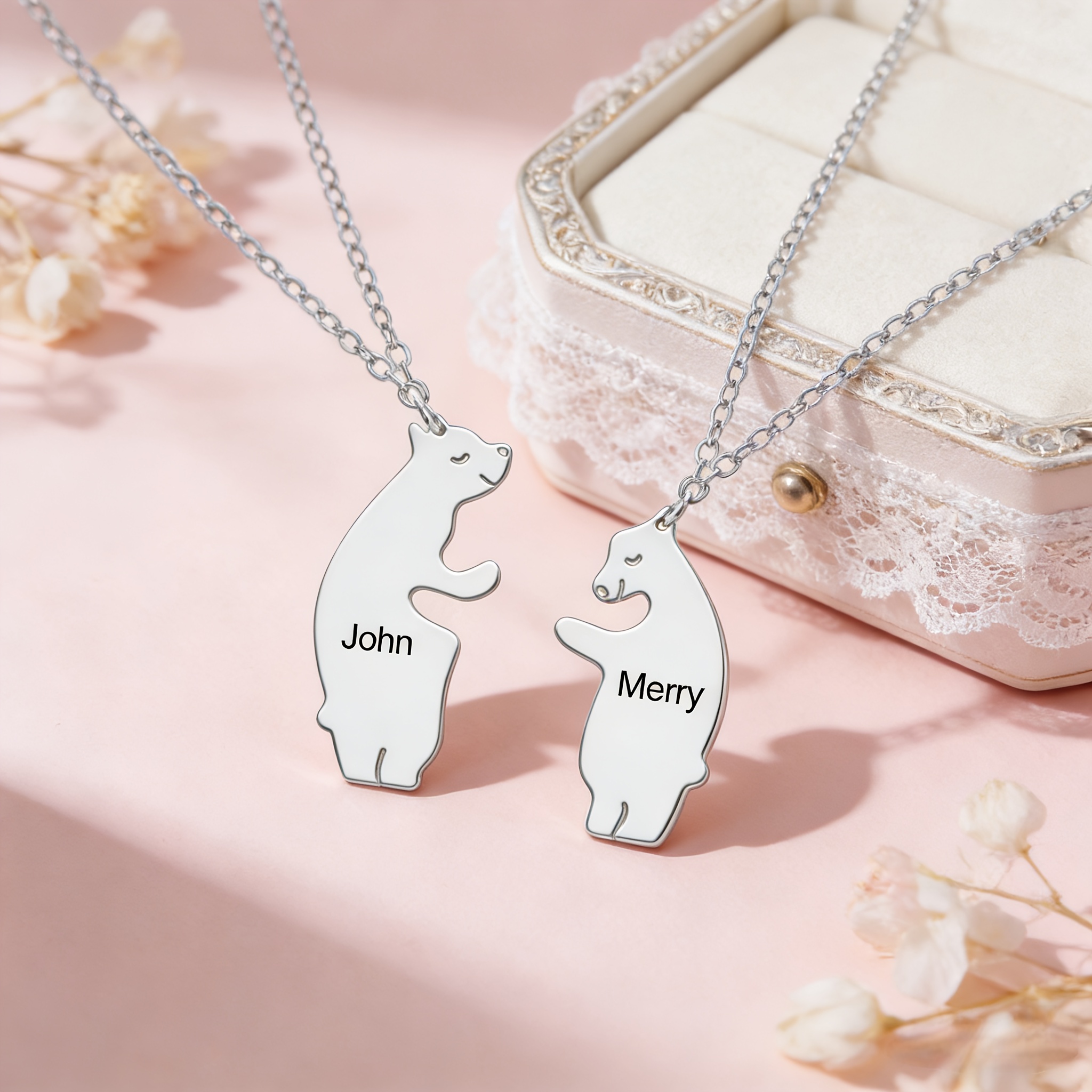 2pcs Personalized Custom Animal Bear Pendant Matching Necklace Set